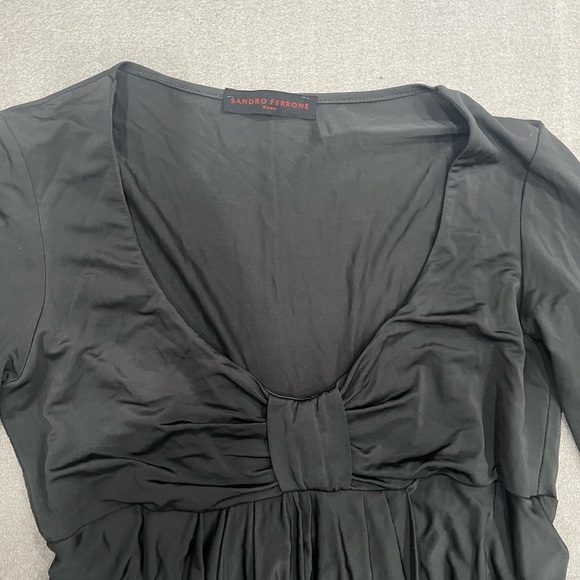 [M]Sandro Ferrone Rome Elegant Black Long Sleeve Deep V Pleated Mini Dress Bow - Picture 2 of 8